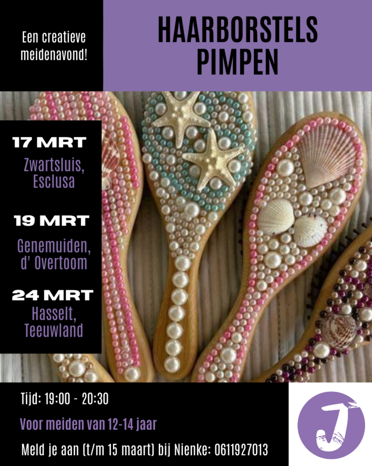 flyer van de activiteit met een afbeelding van versierde haarborstels