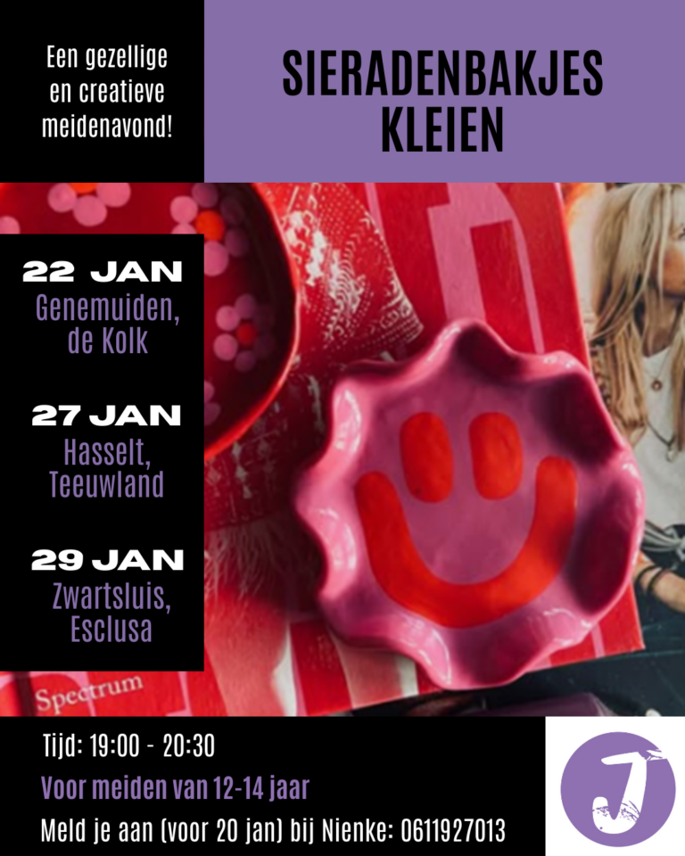 Flyer voor een meidenactiviteit; sieradenbakjes kleien